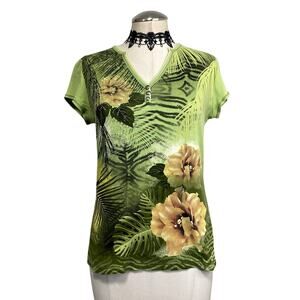 Vtg Y2K Blue Canyon Embellished Tropical Green Henley Baby Tee Mcbling